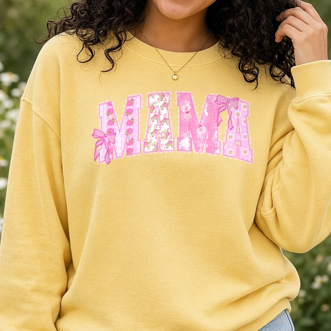MAMA Pink Floral Patchwork Letters with Ribbon Bows DTF transfer shown on a Comfort Colors sweatshirt