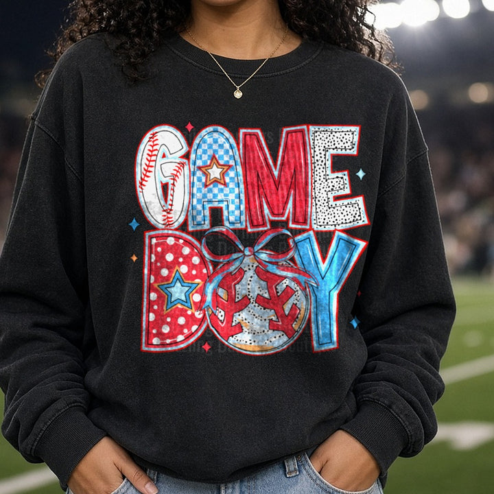 Game Day Baseball with Polka Dot and Checkered Pattern Letters DTF transfer shown on a Comfort Colors sweatshirt