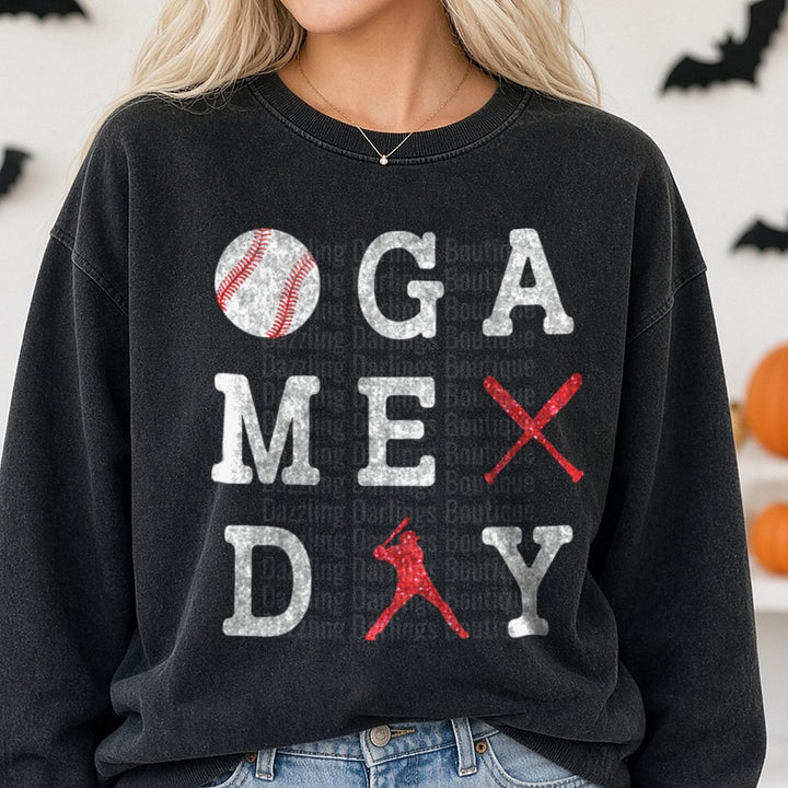 Game Day Baseball Glitter Design with Crossed Bats and Batter Silhouette DTF transfer shown on a Comfort Colors sweatshirt