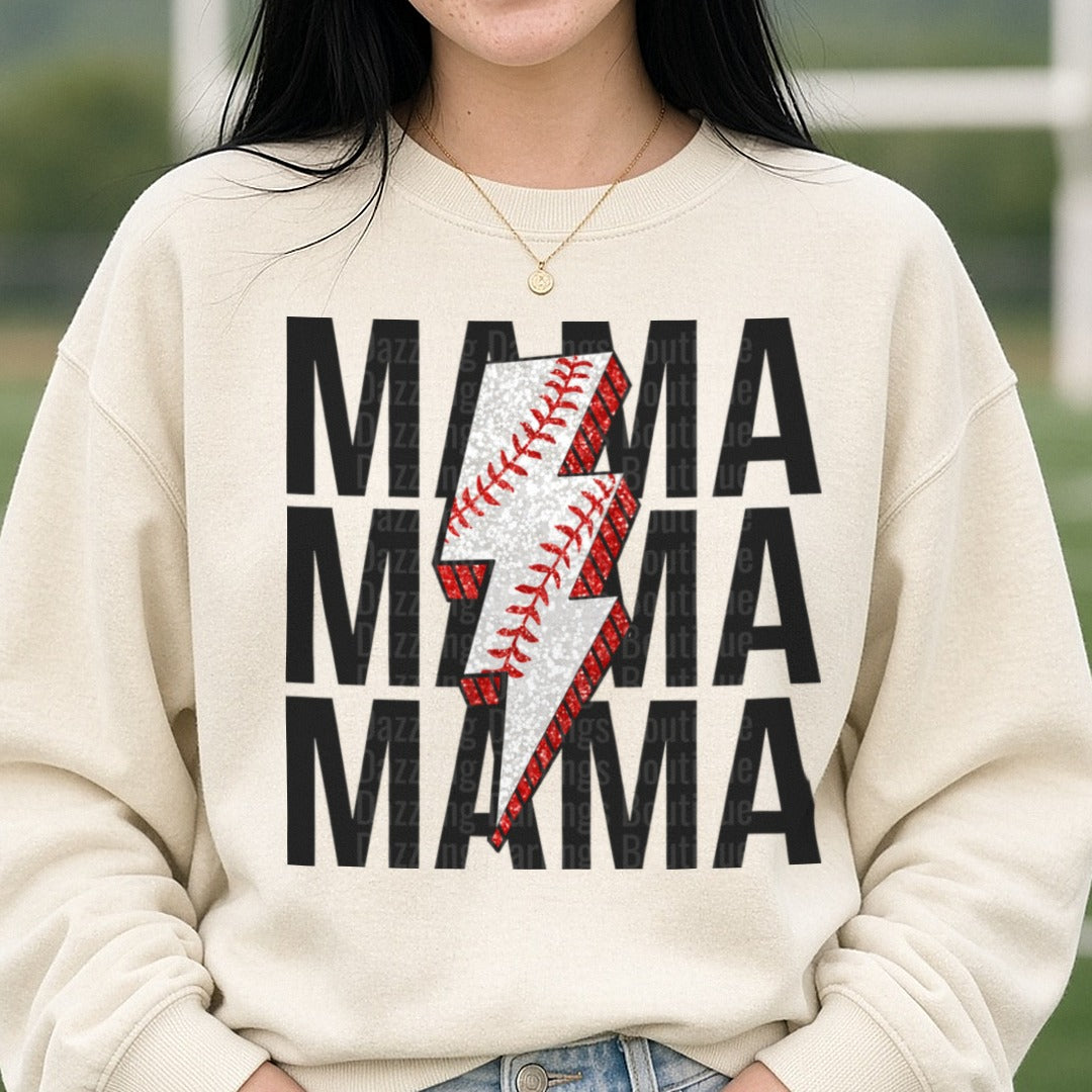 Baseball Mama Lightning Bolt Red Glitter Design DTF transfer shown on a Comfort Colors sweatshirt