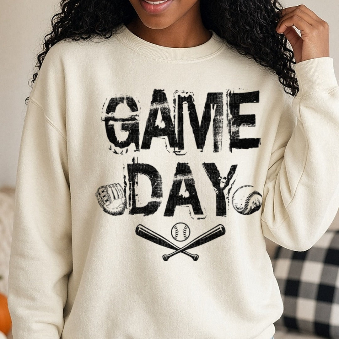 Game Day Baseball Distressed Typography with Crossed Bats DTF transfer shown on a Comfort Colors sweatshirt