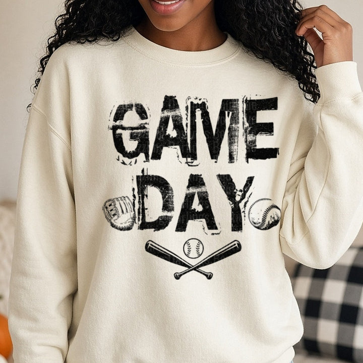 Game Day Baseball Distressed Typography with Crossed Bats DTF transfer shown on a Comfort Colors sweatshirt