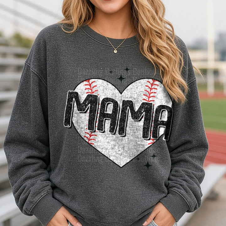 Baseball Mama Heart with Red Stitching and Sparkle Stars DTF transfer shown on a Comfort Colors sweatshirt