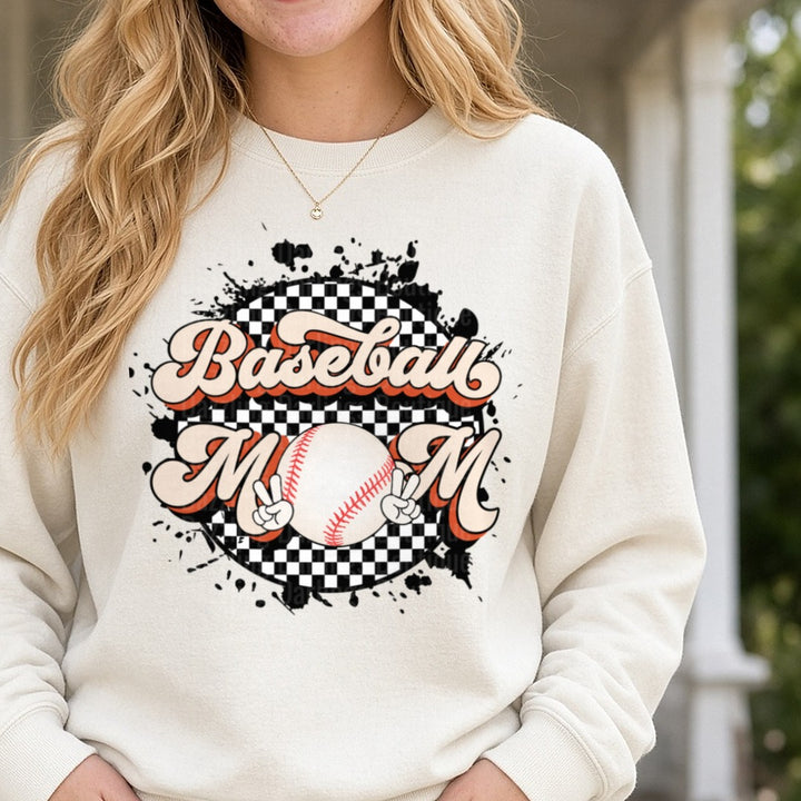Baseball Mom Peace Sign Checkered Flag Grunge Design DTF transfer shown on a Comfort Colors sweatshirt