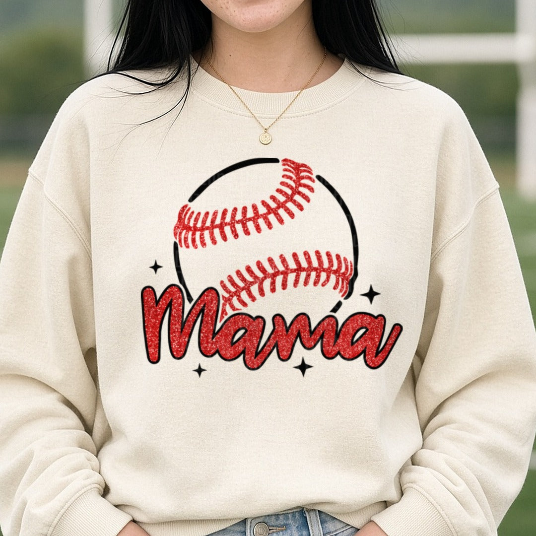 Baseball Mama Red Glitter Text with Sparkle Stars DTF transfer shown on a Comfort Colors sweatshirt