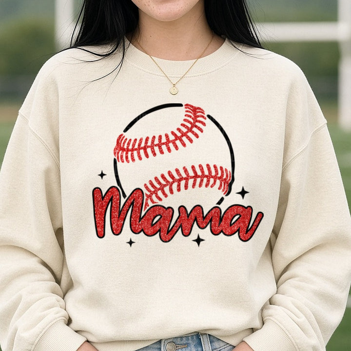 Baseball Mama Red Glitter Text with Sparkle Stars DTF transfer shown on a Comfort Colors sweatshirt
