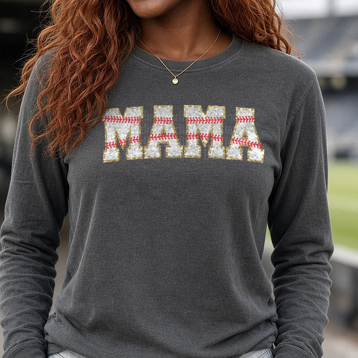 Baseball Mama Text with Gold Glitter and Red Stitching DTF transfer shown on a Comfort Colors long sleeve tee