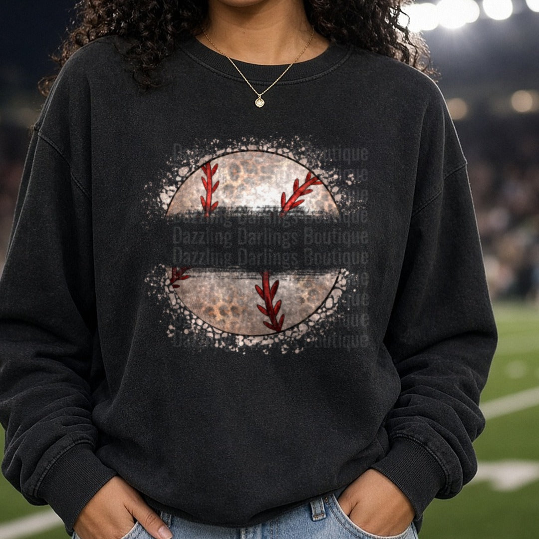 Leopard Print Baseball with Red Stitching Grunge Splatter DTF transfer shown on a Comfort Colors sweatshirt