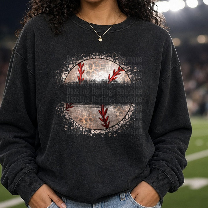 Leopard Print Baseball with Red Stitching Grunge Splatter DTF transfer shown on a Comfort Colors sweatshirt