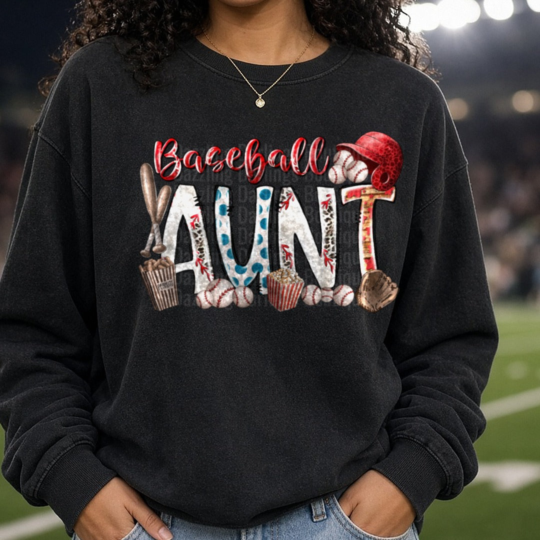 Baseball Aunt with Leopard Print and Polka Dot Letters DTF transfer shown on a Comfort Colors sweatshirt