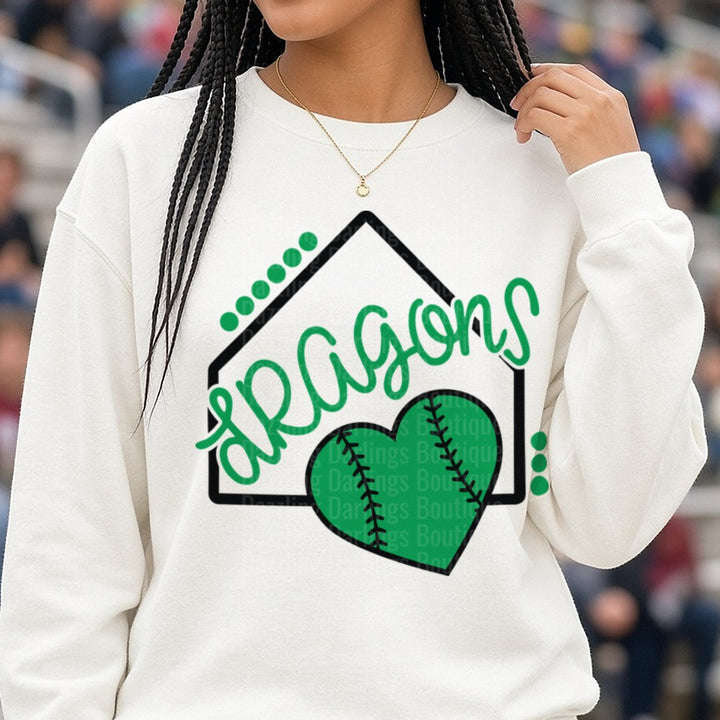 Dragons Baseball Home Plate Heart Design DTF transfer shown on a Comfort Colors sweatshirt
