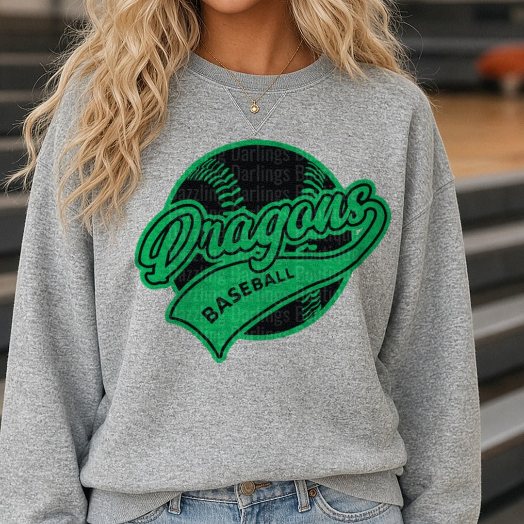 Dragons Baseball Logo with Green Banner and Black Baseball DTF transfer shown on a Comfort Colors sweatshirt
