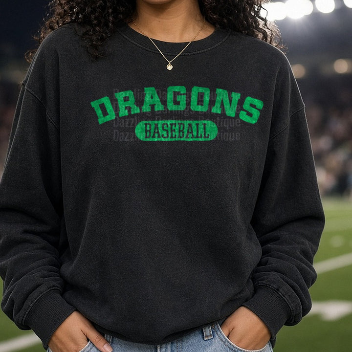 Dragons Baseball Team Logo Design DTF transfer shown on a Comfort Colors sweatshirt
