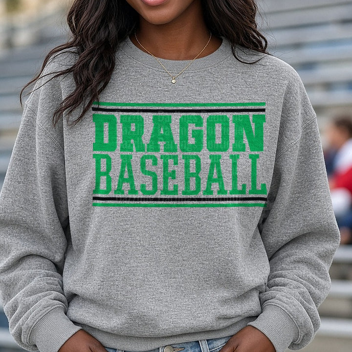 Dragon Baseball Bold Green Typography DTF transfer shown on a Comfort Colors sweatshirt