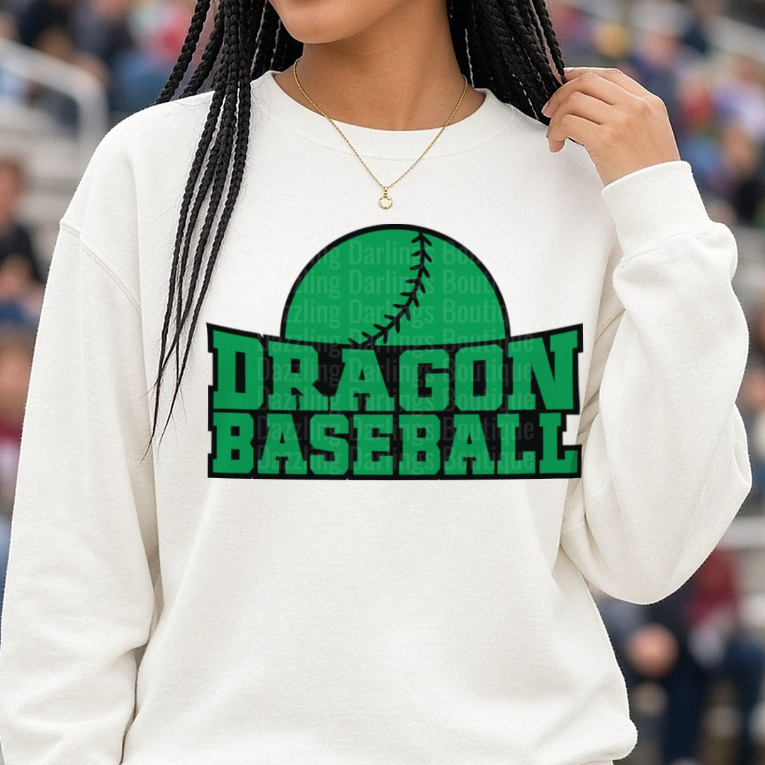 Dragon Baseball Green Logo Design DTF transfer shown on a Comfort Colors sweatshirt