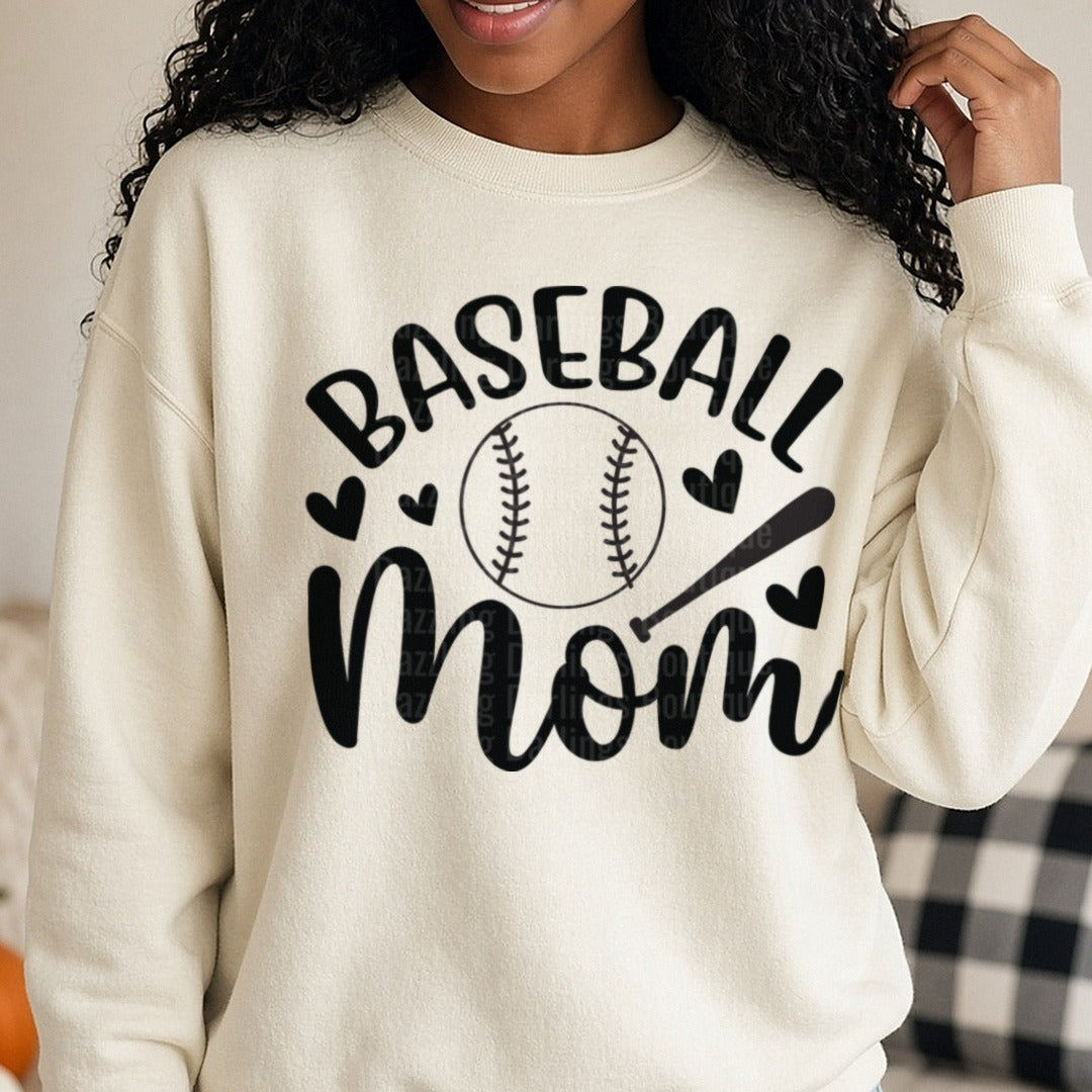 Baseball Mom with Hearts and Bat Design DTF transfer shown on a Comfort Colors sweatshirt