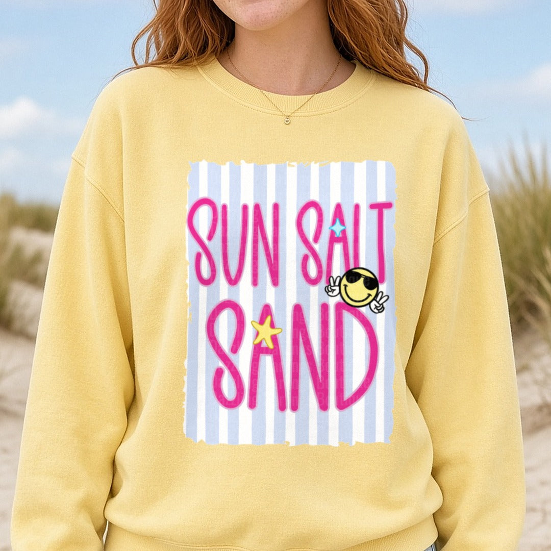 Sun Salt Sand Beach Summer Vibes with Smiley Face DTF transfer shown on a Comfort Colors sweatshirt