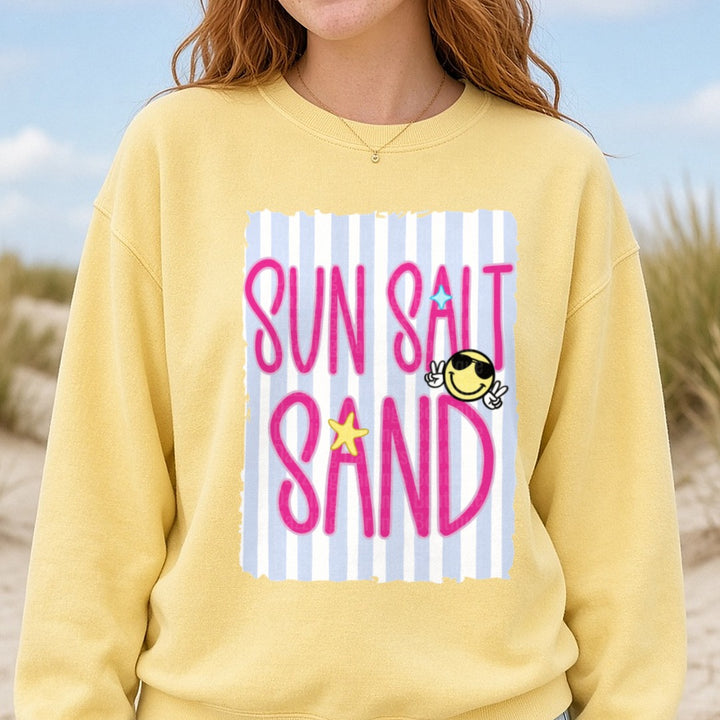 Sun Salt Sand Beach Summer Vibes with Smiley Face DTF transfer shown on a Comfort Colors sweatshirt