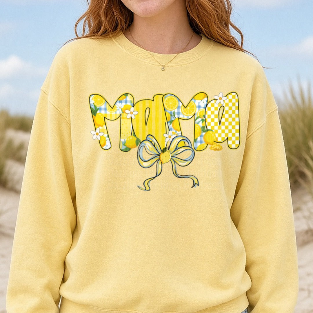 Mama Lemon Pattern Letters with Blue Gingham and Bow DTF transfer shown on a Comfort Colors sweatshirt