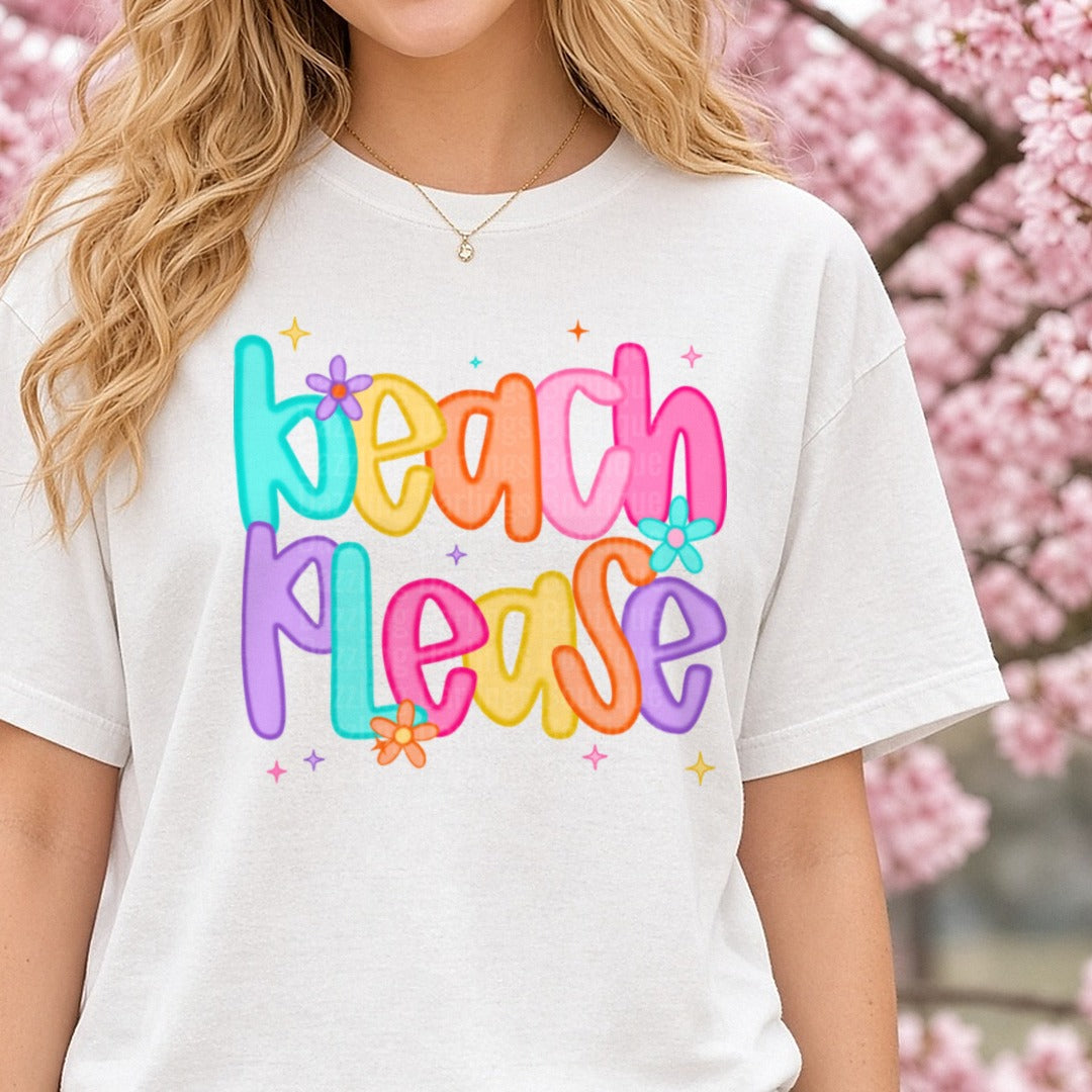 Beach Please Colorful Bubble Letters with Flowers and Stars DTF transfer shown on a Comfort Colors tee