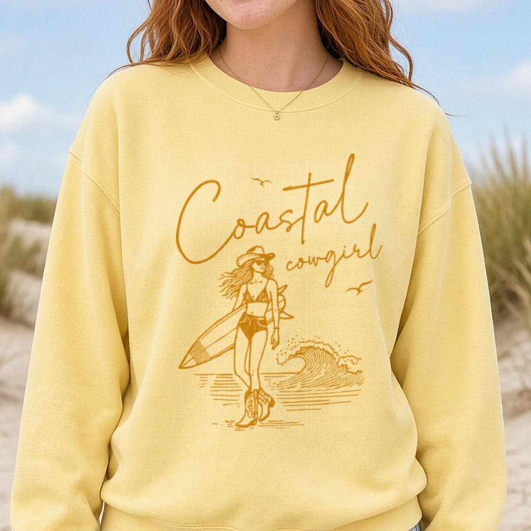 Coastal cowgirl DTF transfer shown on a Comfort Colors sweatshirt