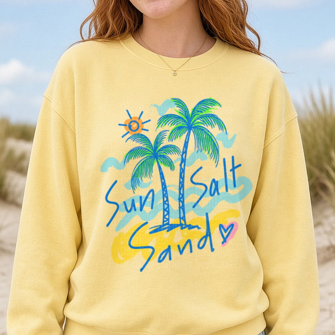 Sun Salt Sand Palm Trees Beach Vibes with Heart DTF transfer shown on a Comfort Colors sweatshirt