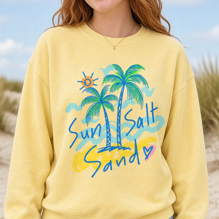 Sun Salt Sand Palm Trees Beach Vibes with Heart DTF transfer shown on a Comfort Colors sweatshirt