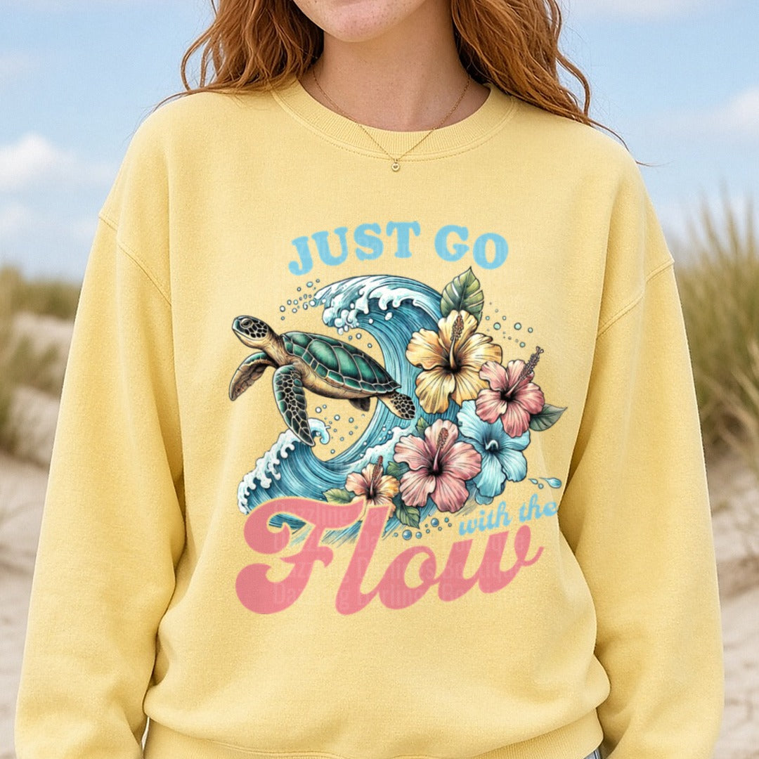 Just Go with the Flow Sea Turtle Hibiscus Waves Design DTF transfer shown on a Comfort Colors sweatshirt