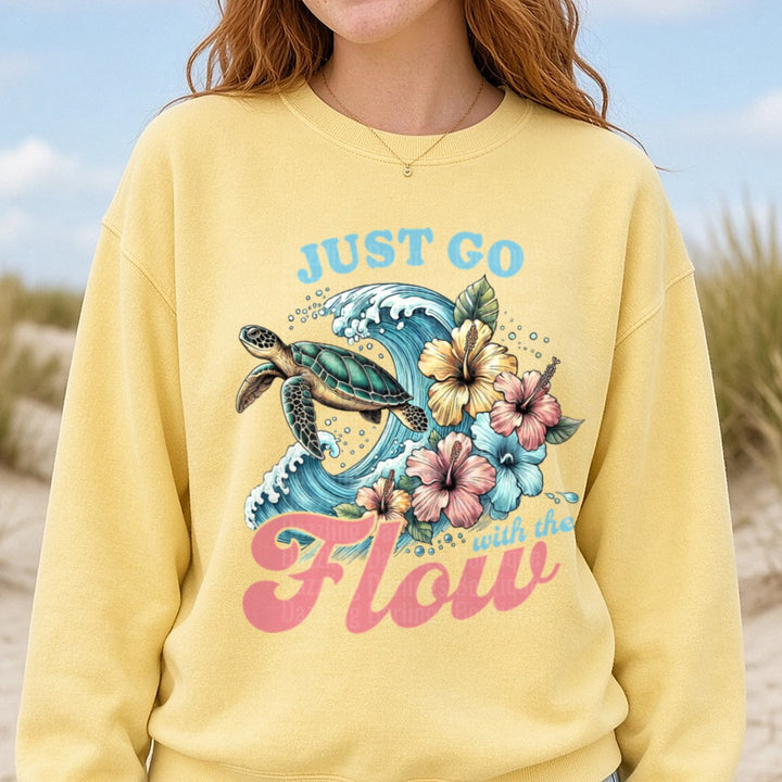 Just Go with the Flow Sea Turtle Hibiscus Waves Design DTF transfer shown on a Comfort Colors sweatshirt