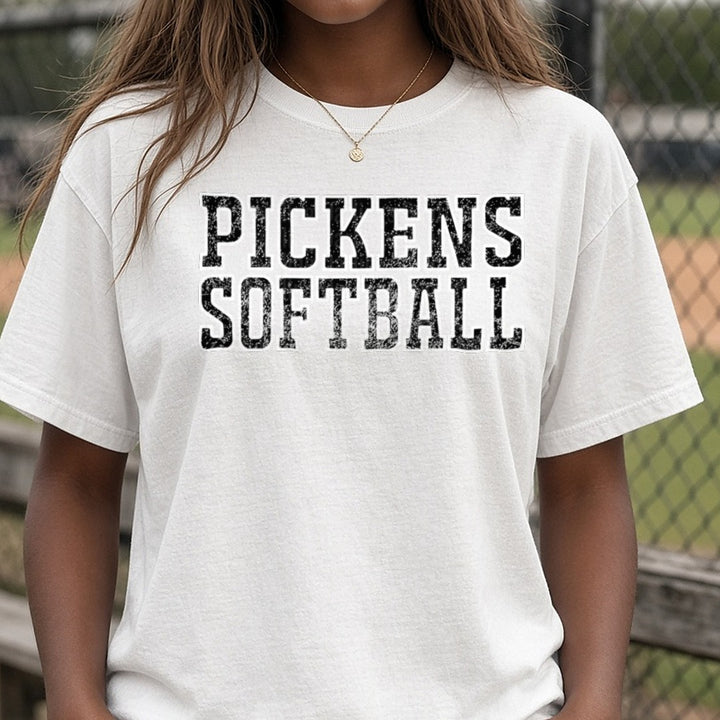 Pickens Softball Distressed Text Design DTF transfer shown on a Comfort Colors tee