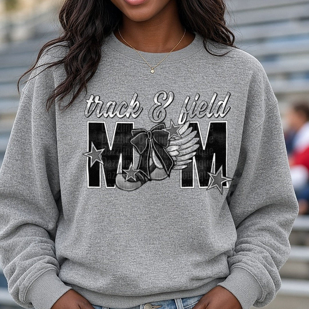 Track and Field Mom with Athletic Cleats and Stars Design DTF transfer shown on a Comfort Colors sweatshirt