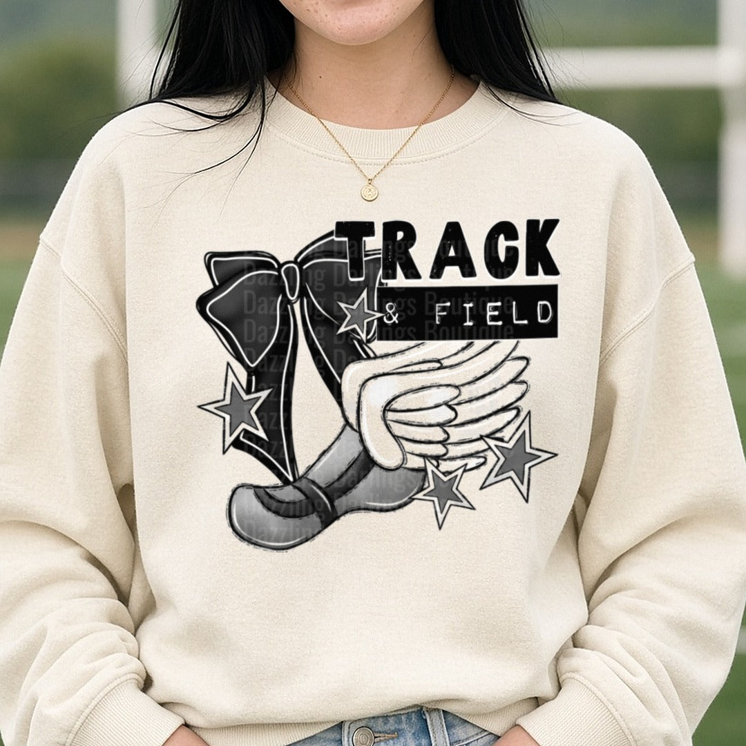 Track and Field Running Shoe with Wings and Stars Design DTF transfer shown on a Comfort Colors sweatshirt