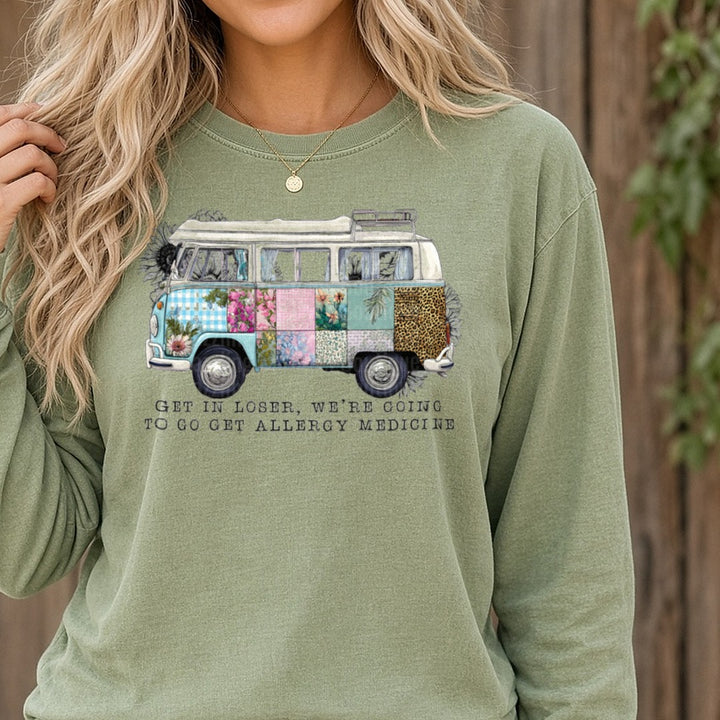 Volkswagen Van Patchwork Pattern Get In Loser Allergy Medicine DTF transfer shown on a Comfort Colors long sleeve tee