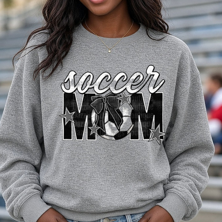 Soccer Mom with Bow and Stars Black and White Design DTF transfer shown on a Comfort Colors sweatshirt