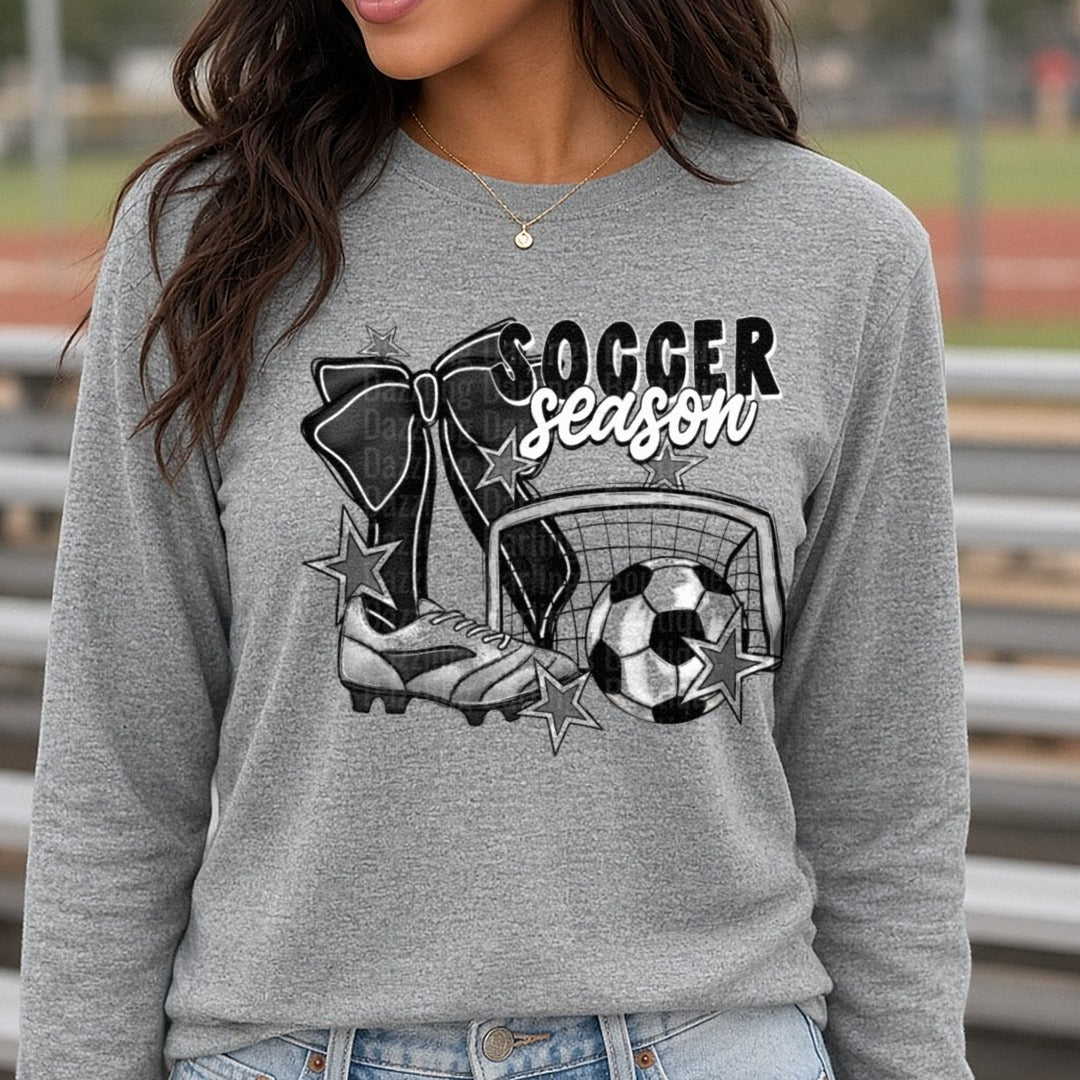 Soccer Season with Cleats Ball and Goal Net Design DTF transfer shown on a Comfort Colors long sleeve tee