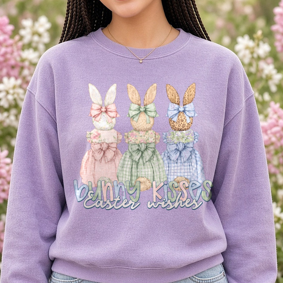 Bunny Kisses Easter Wishes Three Rabbits in Gingham Dresses DTF transfer shown on a Comfort Colors sweatshirt