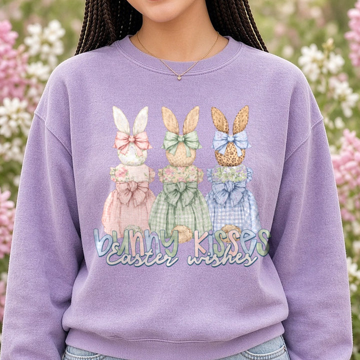 Bunny Kisses Easter Wishes Three Rabbits in Gingham Dresses DTF transfer shown on a Comfort Colors sweatshirt