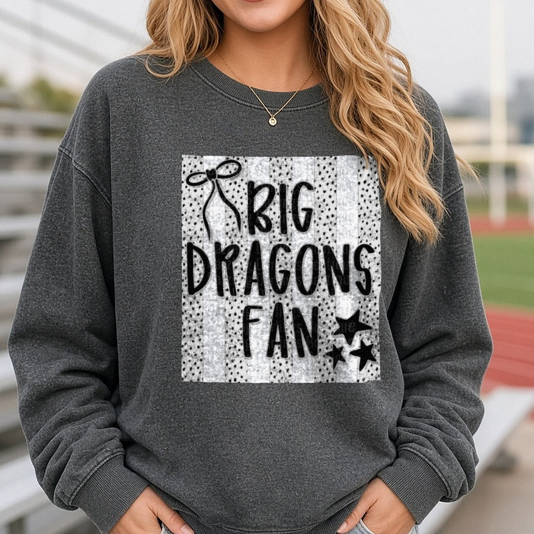 Big Dragons Fan with Dragonfly and Stars on Polka Dot Background DTF transfer shown on a Comfort Colors sweatshirt