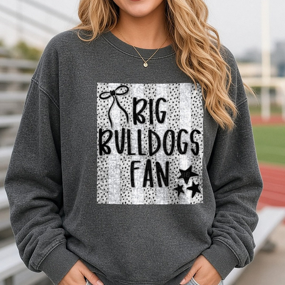 Big Bulldogs Fan Typography with Bow and Stars on Polka Dots DTF transfer shown on a Comfort Colors sweatshirt