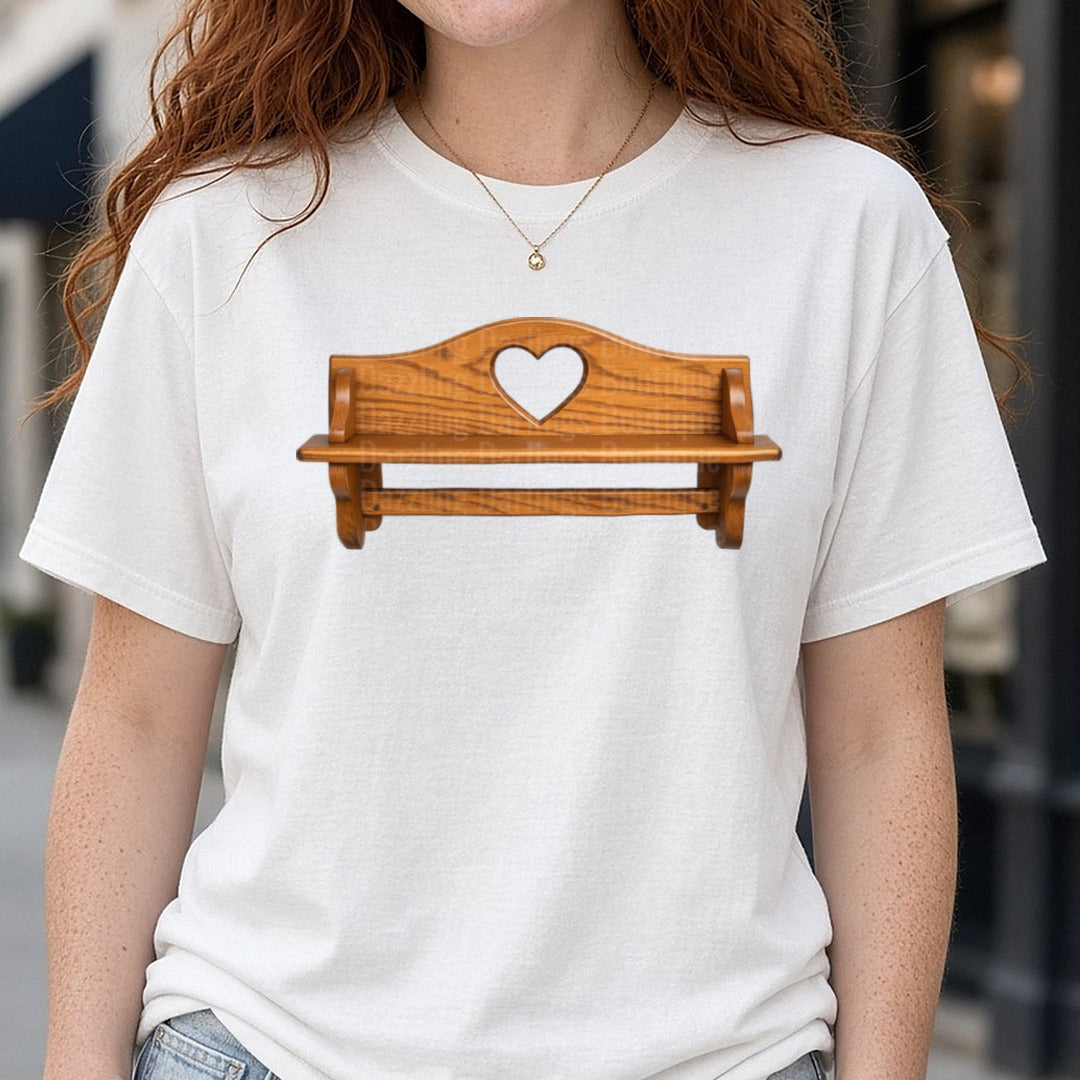 Rustic Wooden Shelf with Heart Cutout DTF transfer shown on a Comfort Colors tee