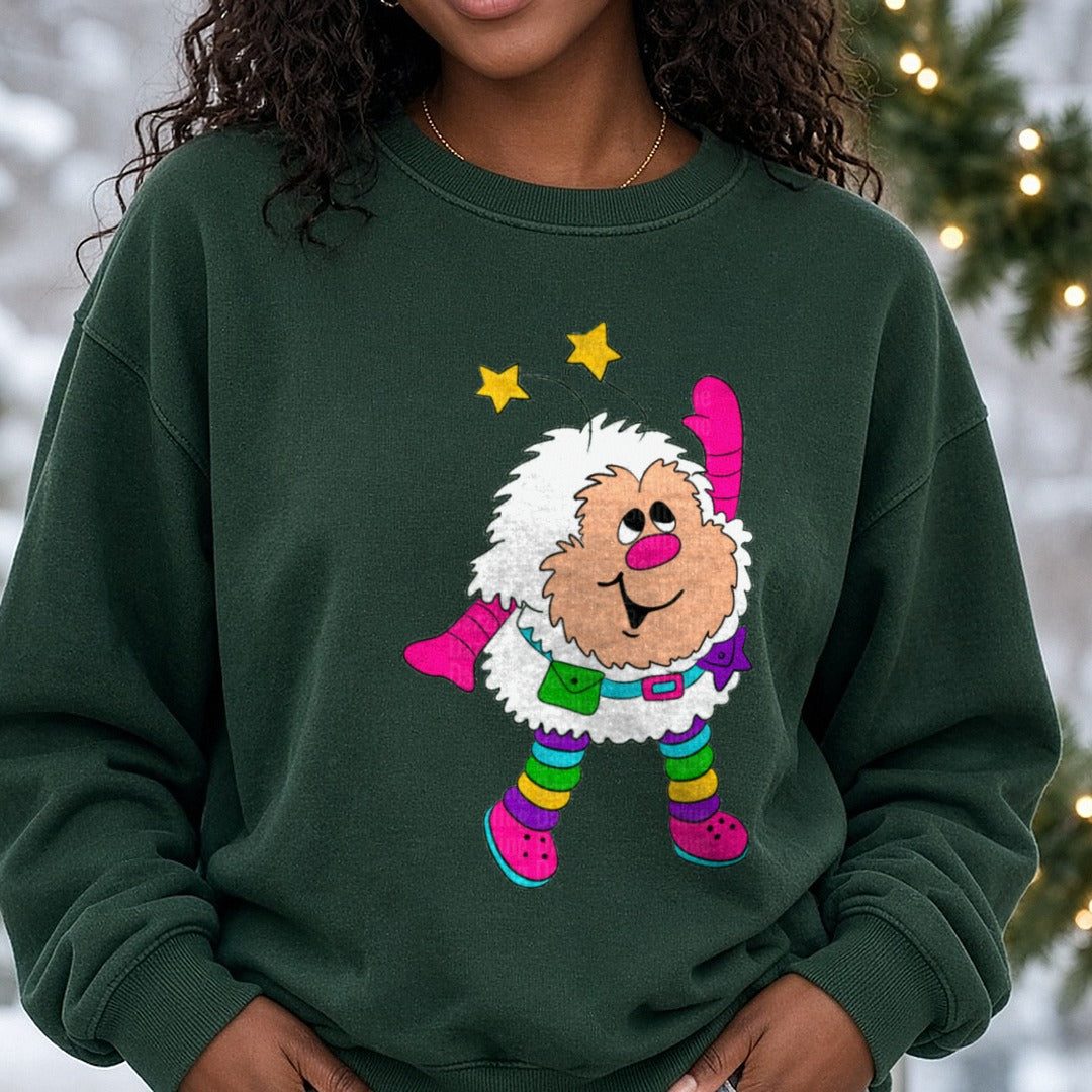Jolly Christmas Elf with Colorful Striped Stockings and Stars DTF transfer shown on a Comfort Colors sweatshirt