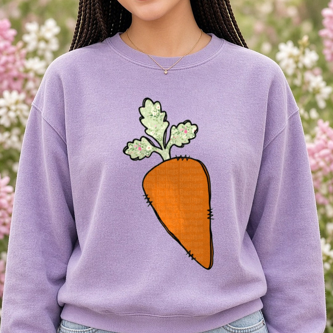 Orange Carrot with Floral Green Leafy Top DTF transfer shown on a Comfort Colors sweatshirt