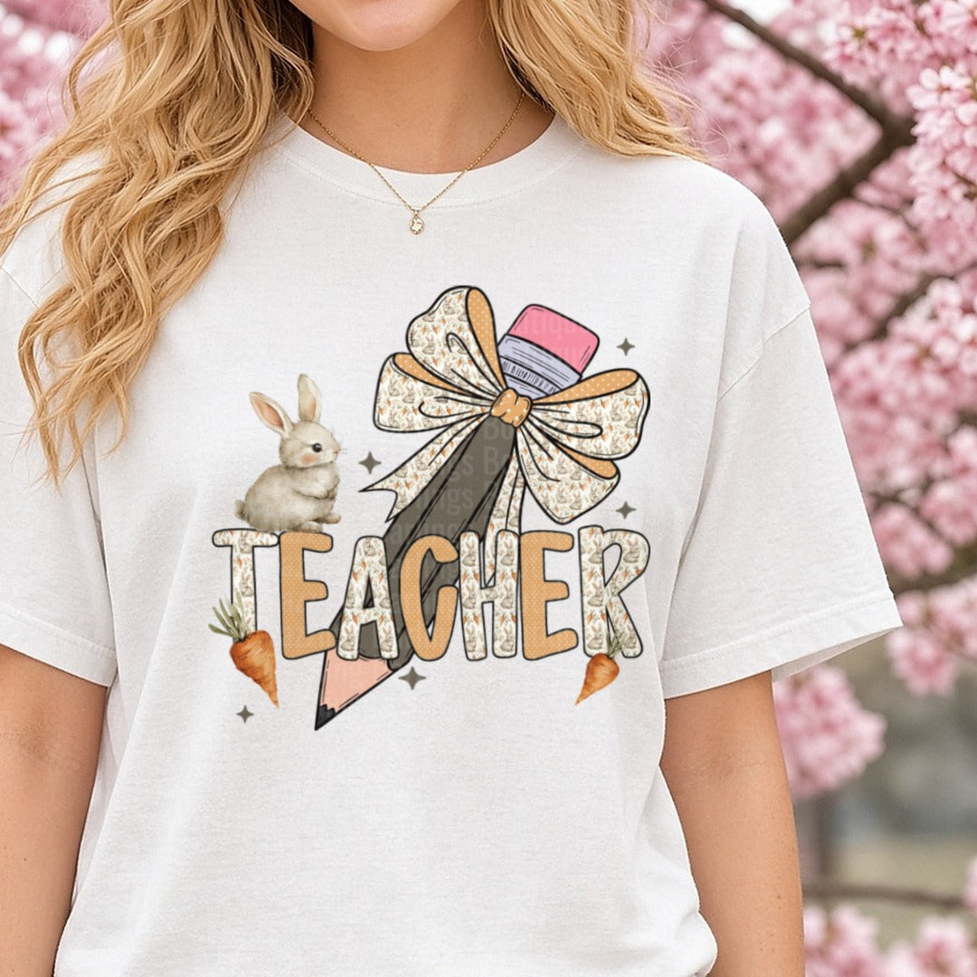 Teacher Bunny Rabbit Pencil Bow Easter School Design DTF transfer shown on a Comfort Colors tee
