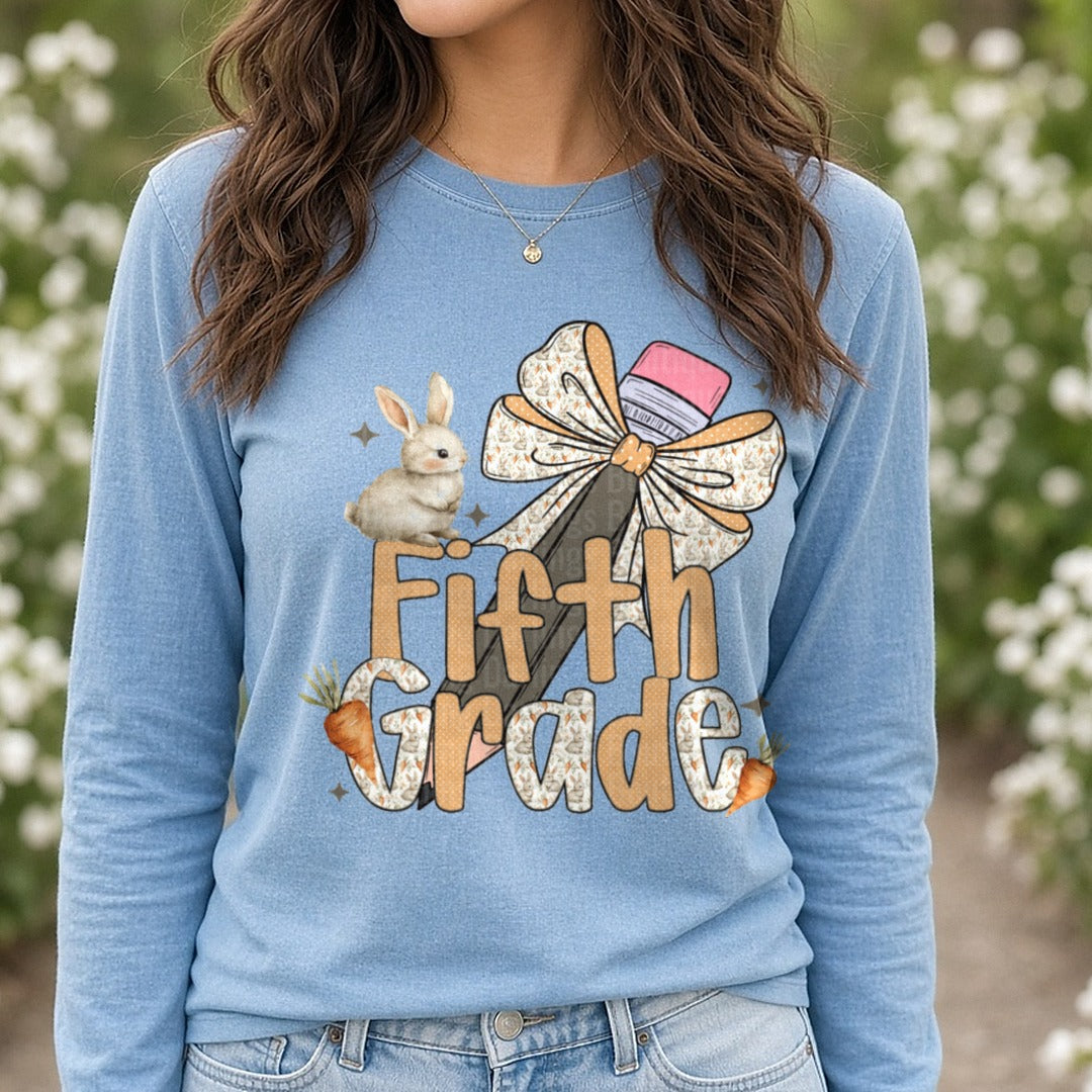 Fifth Grade Bunny Bow Carrot Pattern School Design DTF transfer shown on a Comfort Colors long sleeve tee