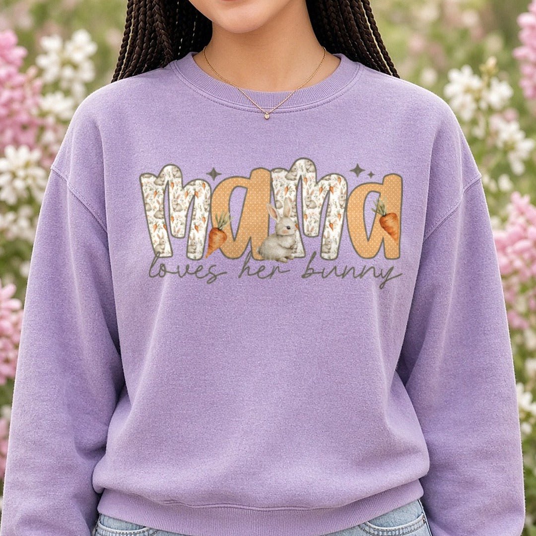 Mama Loves Her Bunny Watercolor Rabbit and Carrot Design DTF transfer shown on a Comfort Colors sweatshirt