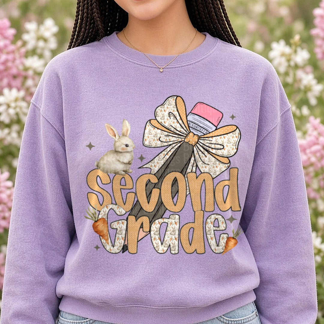Second Grade Bunny Rabbit School Milestone Design DTF transfer shown on a Comfort Colors sweatshirt