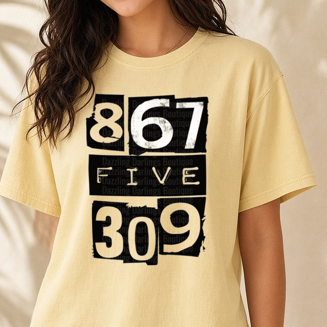 Vintage 867-5309 Jenny Tommy Tutone Song Lyric Design DTF transfer shown on a Comfort Colors tee