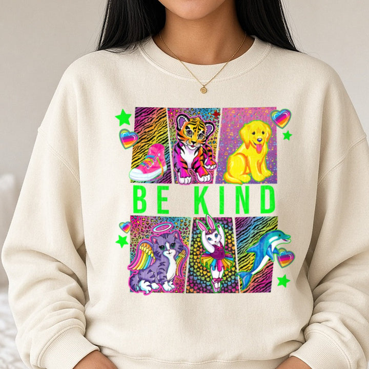 BE KIND Rainbow Animals Lisa Frank Style Retro 90s Aesthetic DTF transfer shown on a Comfort Colors sweatshirt