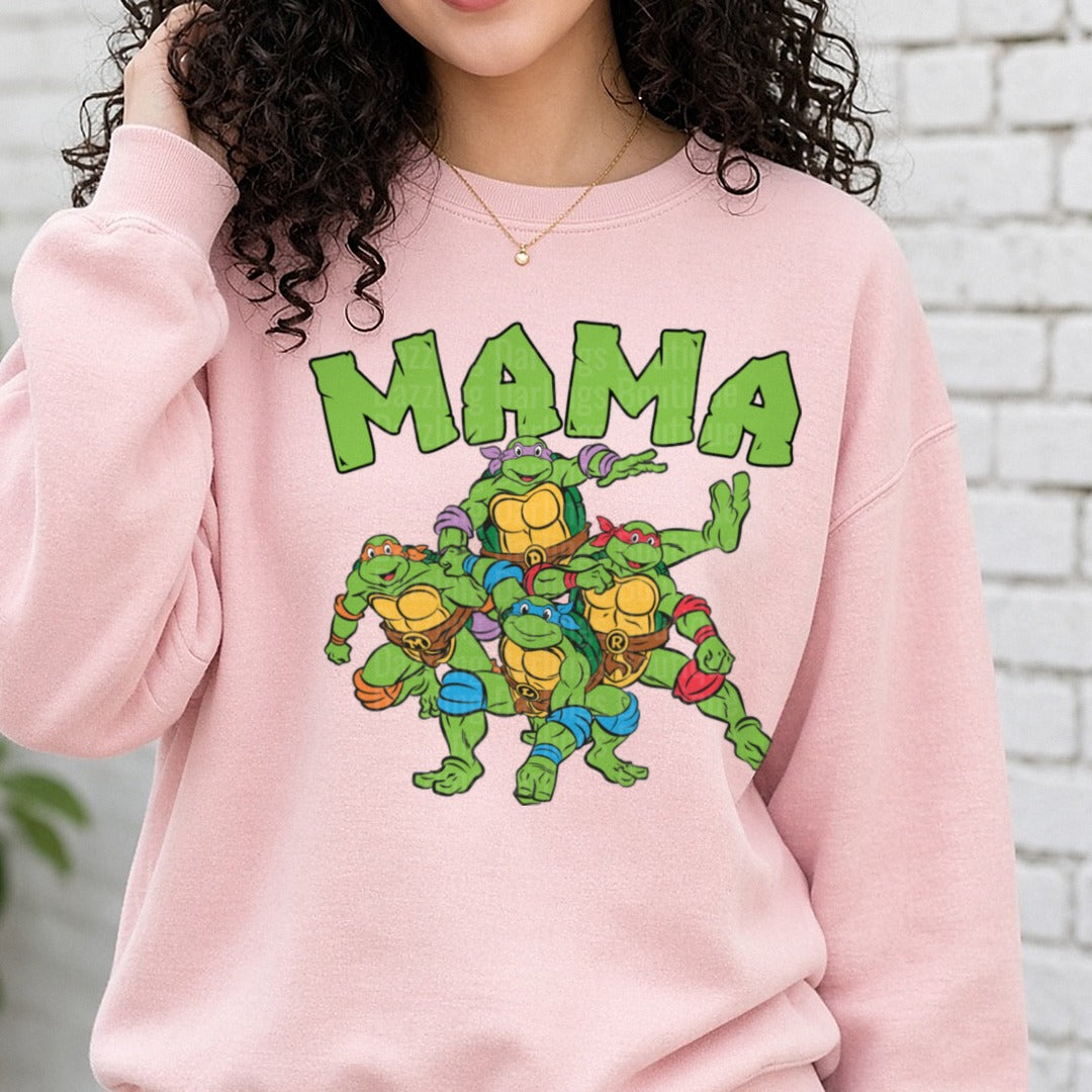 Teenage Mutant Ninja Turtles MAMA with Leonardo Donatello Michelangelo Raphael DTF transfer shown on a Comfort Colors sweatshirt