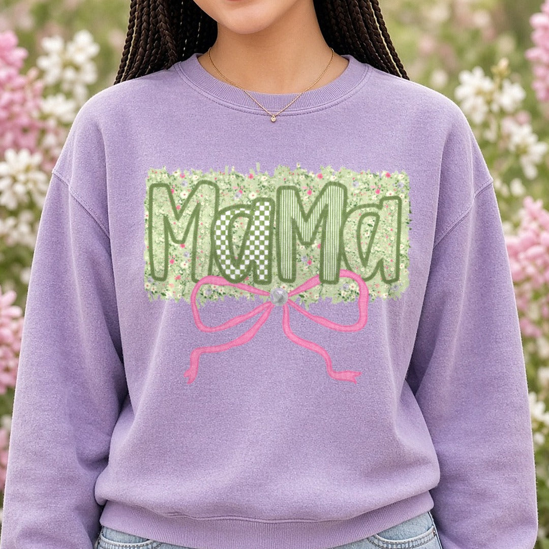Floral Mama Text with Pink Ribbon Bow Mother's Day Design DTF transfer shown on a Comfort Colors sweatshirt